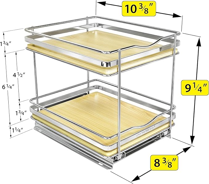 LYNK PROFESSIONAL® Élite™ Pull Out Spice Rack Organizer for Inside Kitchen Cabinets - 8-3/8 inch Wide - Slide Out Drawer – Wood/Chrome Sliding Spice Organization for cabinet - Spice Racks - 2 Tier