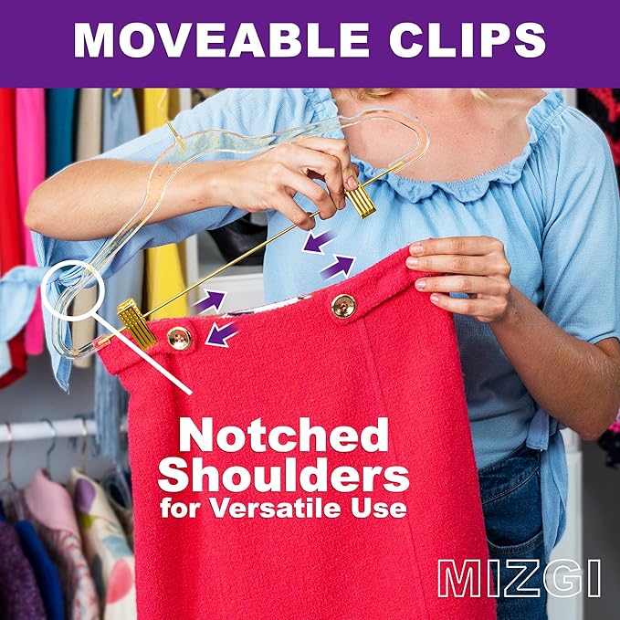 MIZGI Slim Gold Glitter Pants & Skirt Hangers (20 Pack) – Adjustable Gold Clips & Hooks, Transparent Non-Felt, Space-Saving for Dresses, Shirts, Blouses