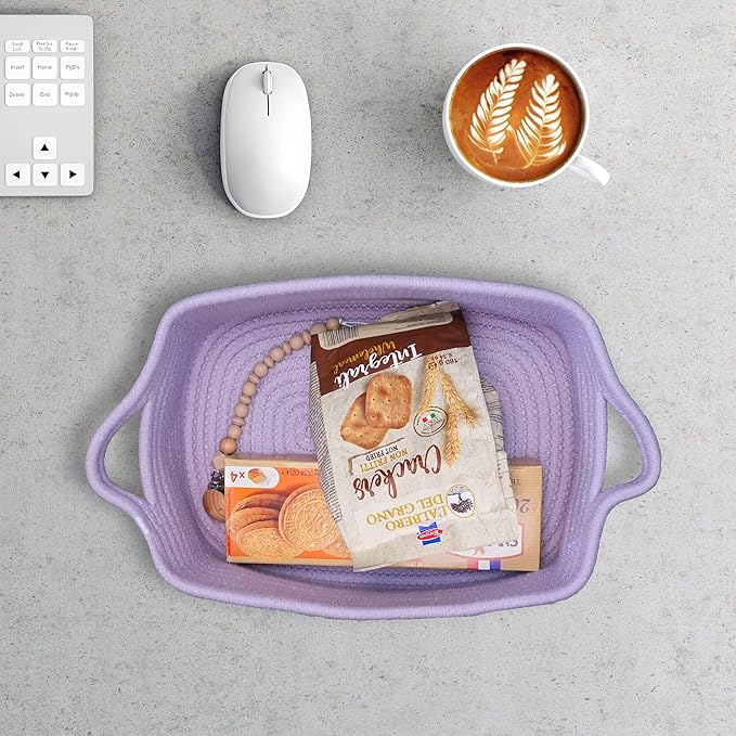 Woven Cotton Rope Storage Basket with Handles for Organizing Shelves Closet Small Cat Dog Pet Toy Baskets Box Bin Decorative Rectangle Baby Nursery basket Gift basket Empty(light purple)