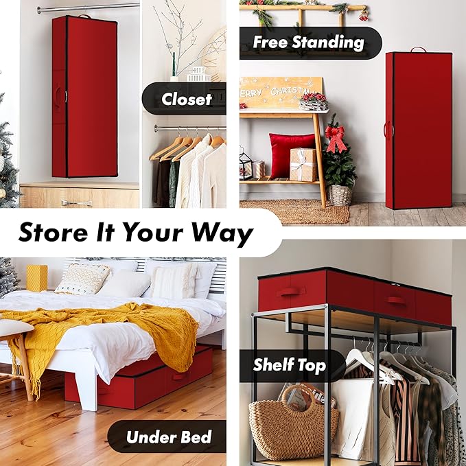 Simple Houseware 41.5" Wrapping Paper Storage Organizer - Fits 40 Rolls with Adjustable Straps, Interior Divider for Ribbons & Bows, 3 Clear Pockets for Gift Bags & Tools, 41.5''L x 16''W, Red