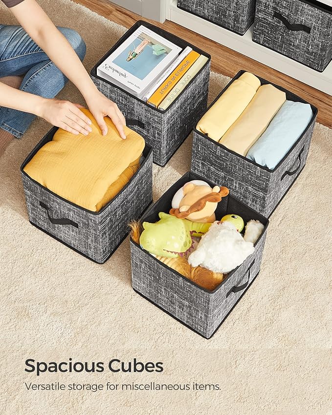 SONGMICS Storage Cubes, 11-Inch Non-Woven Fabric Bins with Double Handles, Set of 6, Closet Organizers for Shelves, Foldable, for Clothes, Classic Black UROB026B01