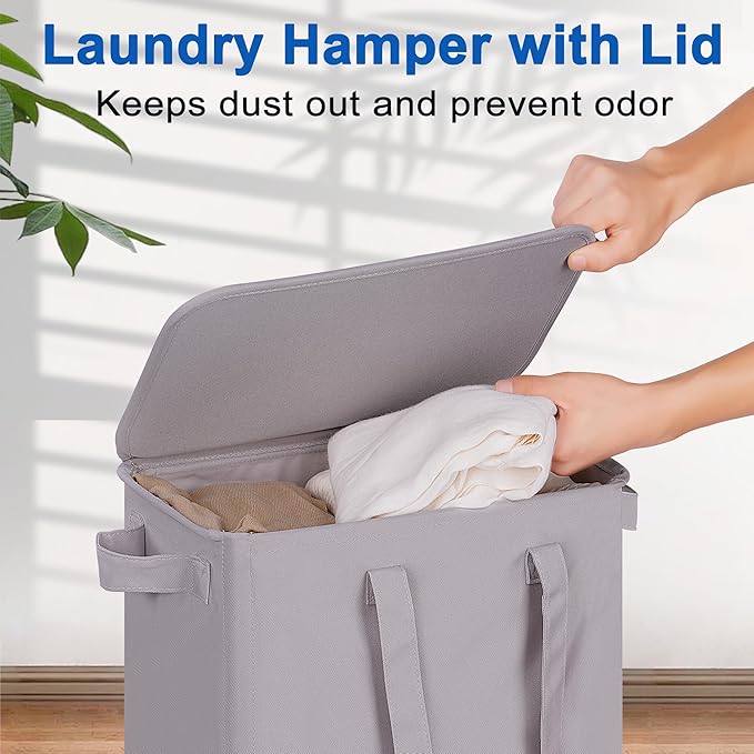 Slim Laundry Hamper with Lid and Wheels, Small Rolling Laundry Basket with Handle for Small Spaces, Tall Dirty Clothes Hampers for Dorm, Bathroom and Bedroom, 55L, Grey
