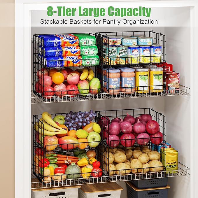 JKsmart 8-Tier Stackable Wire Basket, Can Organizer for Pantry Kitchen, XXL Metal Storage Shelves with Dividers & Handles, Easy Assembly Space Saving Storage Bins for Snacks Fruits Veggies