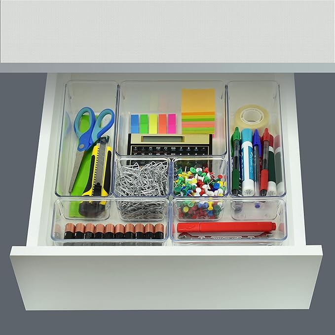 Acrimet Drawer Organizer Modular, Box Tray Storage Bins for Office, Home, Makeup, Kitchen, Junk Drawer (7 Units - 4 Sizes) (Clear Crystal Plastic)