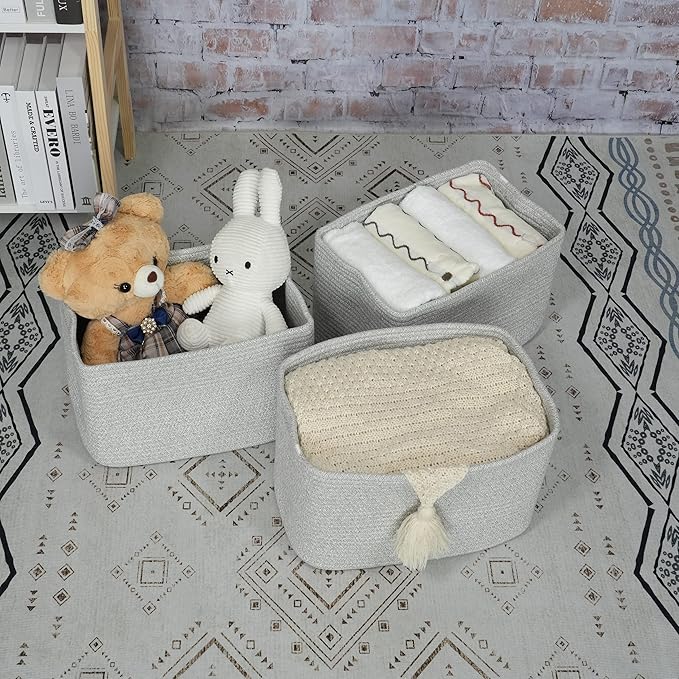 Cotton Rope storage Basket Bins Woven Basket for Organizing Shelves 15X10X9.3“ Rectangle Decorative Baskets For storage Clothes Toys Books Towels Square Wicker Nursery basket organizer 3 pack grey