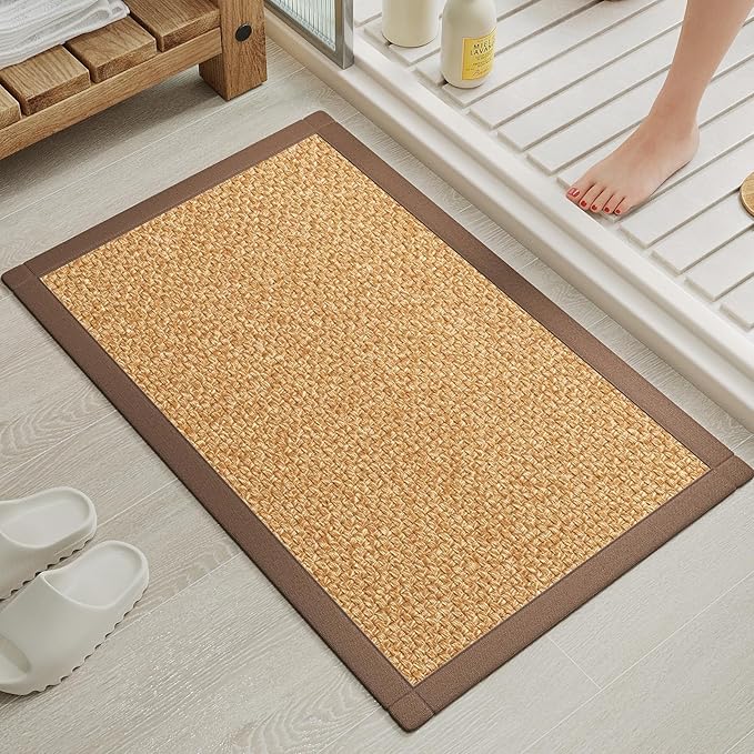 YDKGL Quick Dry Absorbent Bathroom Rugs Mat Non Slip Bath Mat Ultra Thin Bath Mats Bathroom Mat Floor Rubber Backed Fit Under Door Woven Washable Bath Rugs Brown 16x24