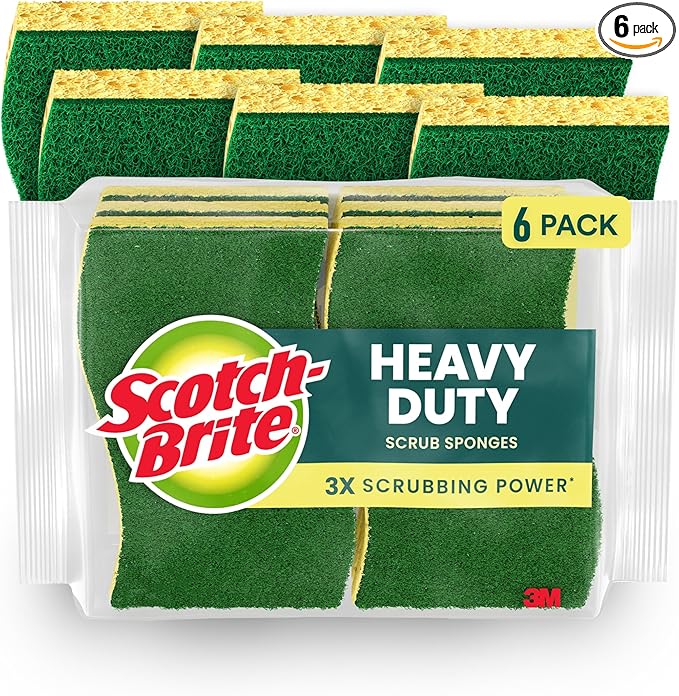 Scotch-Brite Heavy Duty Scrub Sponge, 6 Kitchen Sponges Designed for Tough Messes in the Kitchen that Last 3X Longer*, Best for Cast Iron Skillets and Outdoor Grills, Flexible, Durable, and Strong