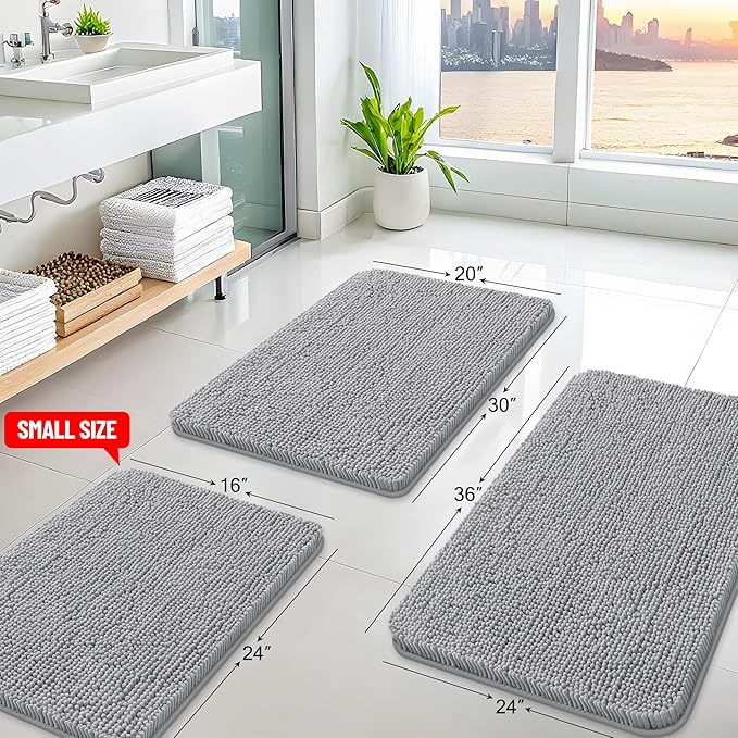 Arotive Bathroom Rugs 24x16, Extra Soft Absorbent Shaggy Chenille Bath Rugs, Machine Washable Rubber Backing Non-Slip Bath Mats for Bathroom Floor Tub and Shower, Home Decor Accessories, Light Grey
