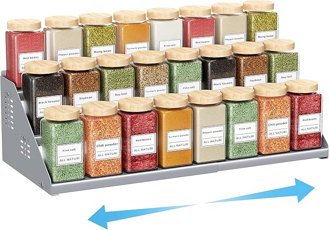 Spice Rack Organizer, Metal Spice Rack Organizer for Cabinet, Countertop Spice Rack - Expandable Width, 3 Tier Spice Shelf for Cabinet, Countertop, Pantry, Cupboard, Gray