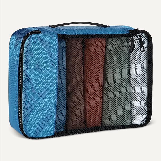 Amazon Essentials 4-Piece Packing Cubes Travel Accessories Set, Luggage Organizer with Double Zipper, Mesh Top, 100% Polyester, Medium, Sky Blue (Previously Amazon Basics)