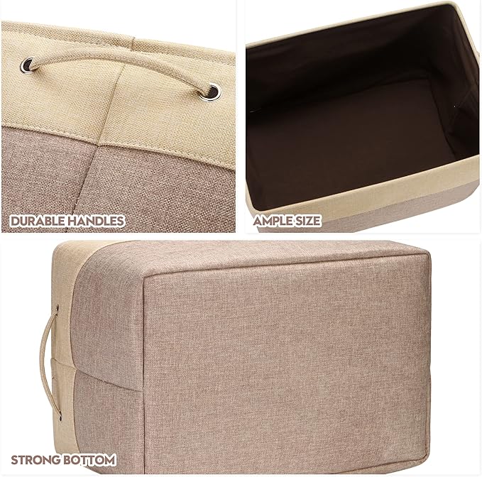 Sea Team 3-Pack Extra Large Storage Basket Set, Trunk Organizer, Clothes Toys Bin, 22 x 15 x 13 Inches, Rectangular Canvas Fabric Collapsible Shelf Box with Handles for Kids Room (Tan/Beige)