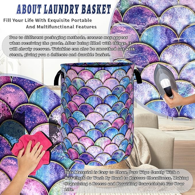Colorful Mermaid Scales Laundry Basket Foldable Oxford Cloth Beautiful Fish Scales Laundry Hamper With Handle Clothes Storage Organizer Basket 18.9"x16.5"Storage Bag For Laundry Room/Bathroom/Bedroom