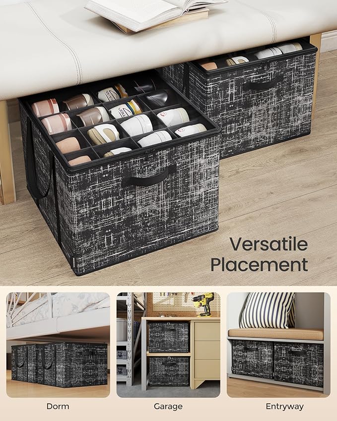 SONGMICS Set of 2 Shoe Organizers for Closet, Fits up to 16 Pairs Each, Shoe Boxes, Fabric Storage Cube with Handles and Transparent Lid, Space-Saving for Bedroom, Entryway, Ink Black ULSP602B01