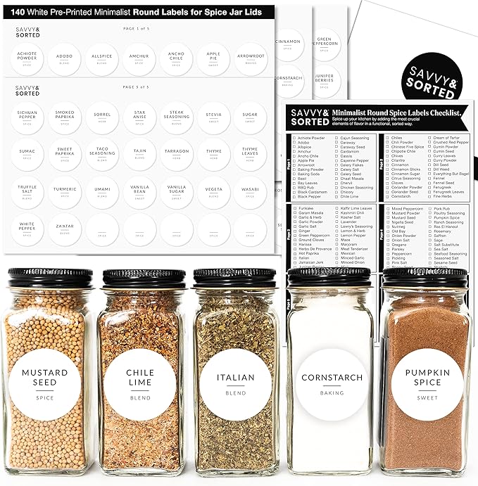 Minimalist Round Spice Labels for top Lids - 140 Spice Jar Labels for Spice Containers - Waterproof Kitchen Label Stickers for Spice Jars - Spice Organization Herb Seasoning Pantry Labels
