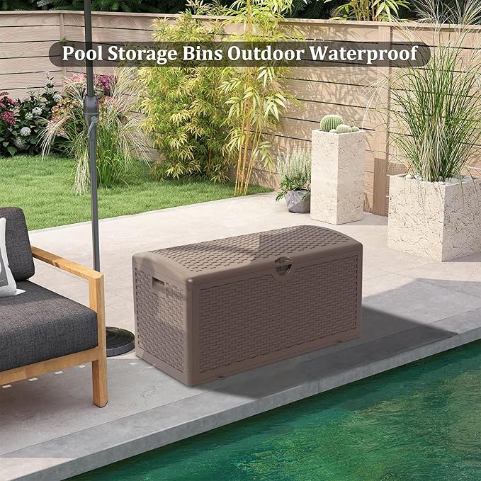Outdoor Storage Box Waterproof, 90 Gallon Pro Lockable Resin Deck Box Large, Patio Storage Bin for Pool Accessories Cushion Furniture, Garden Tools, UV-Resistant Outside Delivery Brown