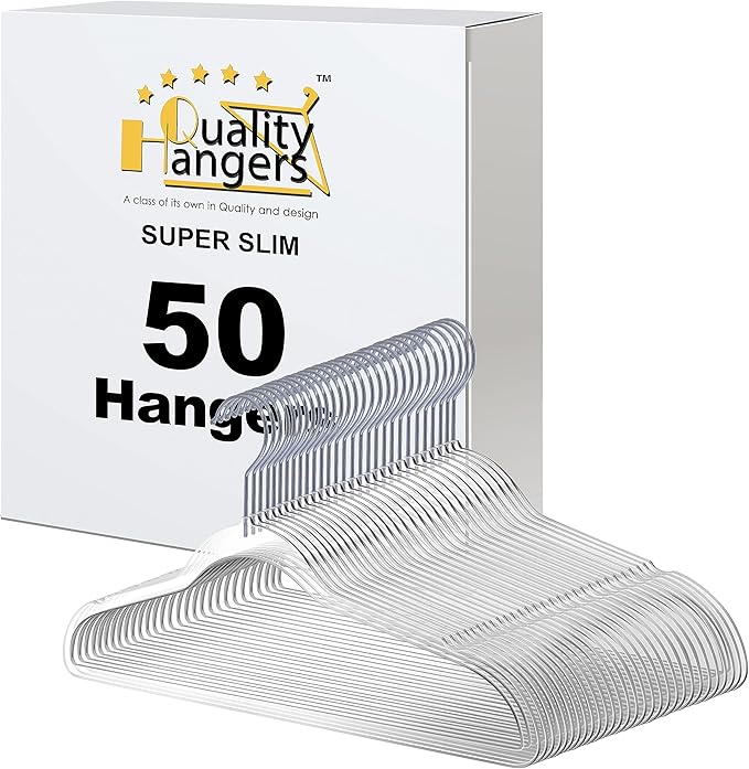 Quality Hangers Clear Plastic Hangers for Clothes | 50 Pack - 16.5 Inch | Heavy Duty Hangers Space Saving Crystal Acrylic | 360 Degree Swivel Hook and Notches (Clear, 50)