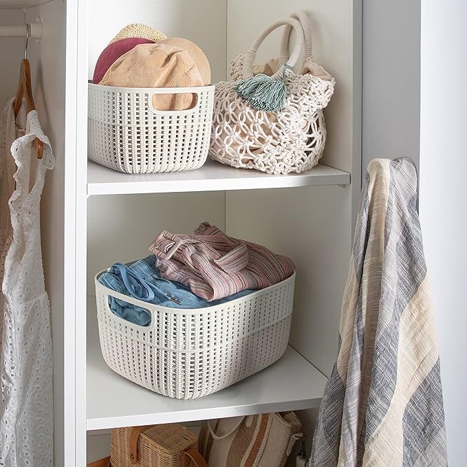 Simplify 2 Pack 2 Tone Sailor Knot Plastic Storage Tote | Decorative Basket | Closet Organization | De-clutter | Accessories | Toys | Bathroom Organization | Medium | Ivory
