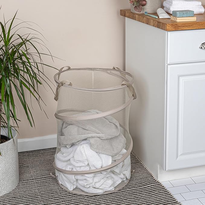 Household Essentials Pop-Up Mesh Laundry Hamper, Beige
