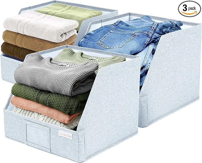 VIVIDECOR Trapezoid Storage Bins – 12"x12"x10"x 4" Closet Shelf Organizer & Baskets, Fabric Storage Baskets, Collapsible Organizer Boxes for Towels, Baby Clothes, Spring Wardrobes – Light Blue, 3 Pack