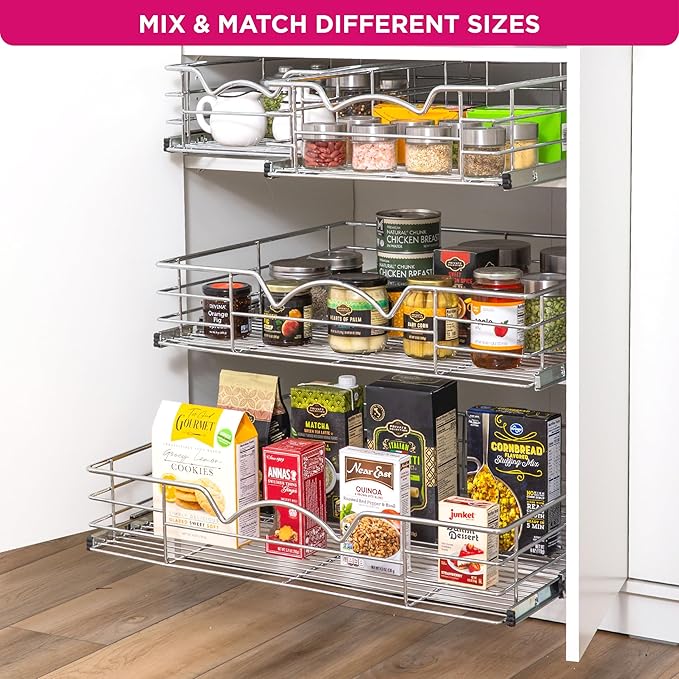 HOLDN’ STORAGE Heavy-Duty Premium Collection Pull Out Cabinet Organizer, Cabinet Drawer Slide Outs, Lifetime Limited Warranty - Basket Size 14" W x 21" D x 5" H, Anti-Rust Chrome Finish | Heavy-Duty, Premium Collection, Slide Out Caddy, Anti-Rust