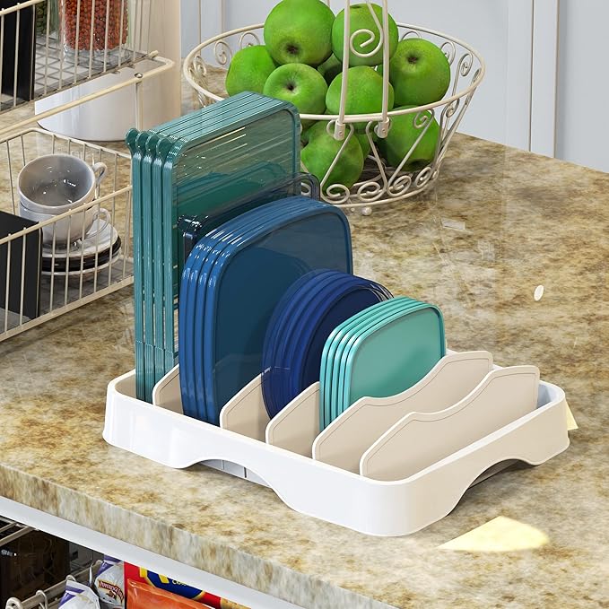 Simple Houseware Food Container Lids Storage Organizer with Adjustable Dividers, 13''x10'', White
