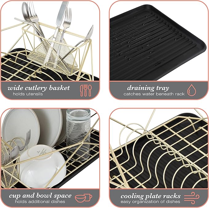 Kitchen Details Geode Deluxe Dish Drying Rack with Drain Board | Cutlery Basket | Utensil Holder | Iron Frame | Satin Gold