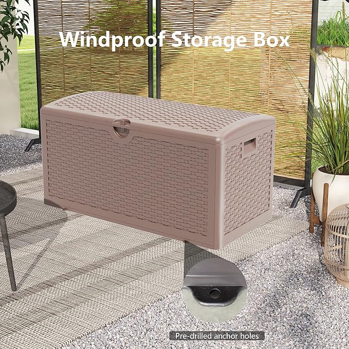 Outdoor Storage Box Waterproof, 90 Gallon Pro Lockable Resin Deck Box Large, Patio Storage Bin for Pool Accessories Cushion Furniture, Garden Tools, UV-Resistant Outside Delivery Brown