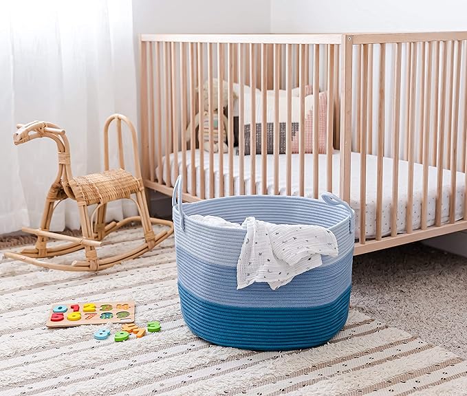 OrganiHaus Large Woven Storage Basket for Blankets and Toys 20" x 13" Inch, Rope Laundry Basket with Handles, Cushions & Pillows Storage Bin, Nursery Hamper, Soft Round Dog Toy Bin - Blue