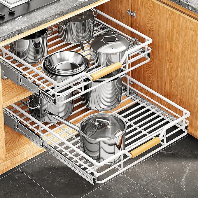 Pull out Cabinet Organizer, 18"W X 21"D, Heavy Duty Smooth Sliding Under Cabinet Shelves for Pots and Pans, Full-Extension Roll out Drawers, Slide out Organization for Home Kitchen Pantry, White