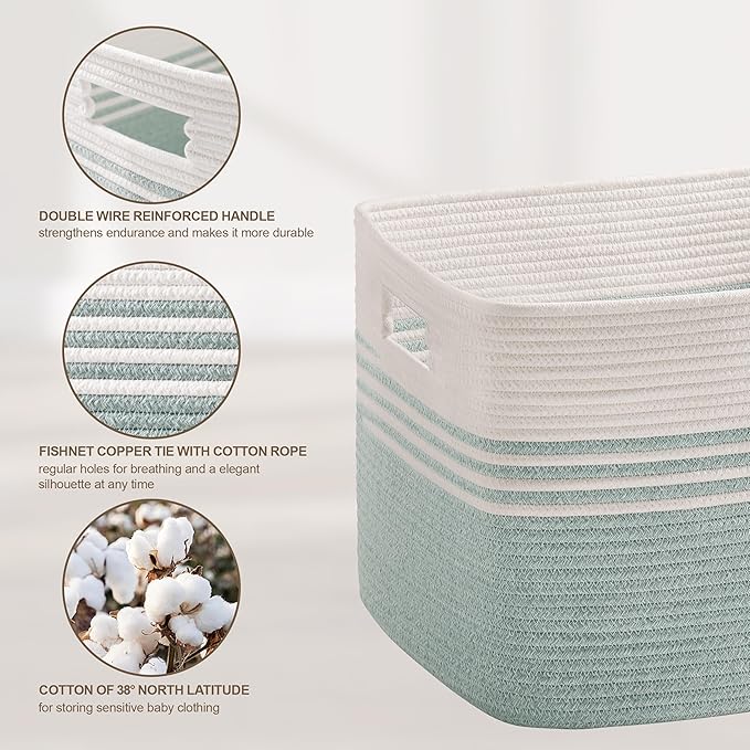 60L Laundry Basket for Living Room Storage, Woven Rope Baskets Bin for Blanket, Kids Toy, Gifts, Wicker Hamper for Bedroom Dirty Clothes, White Green