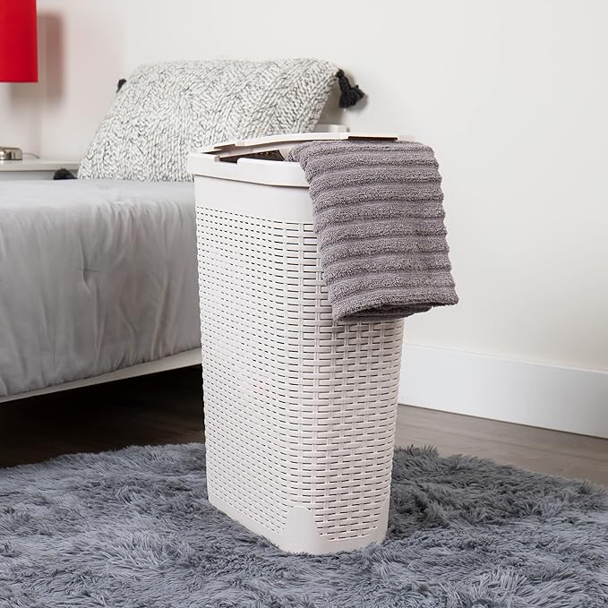 Mind Reader Slim Laundry Hamper with Lid, 40L Clothes Basket, Premium Wicker Design, Plastic, Ivory