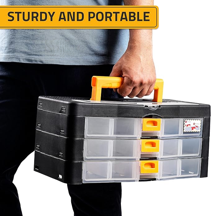 CANOPUS Craft Organizer with Drawers, 15-in Modular Drawer Case, Storage Organizer with Transparent Drawers, Portable Plastic Tool Box for Small Tools, Crafts, Screws, Bolts, Hardware and Small Parts