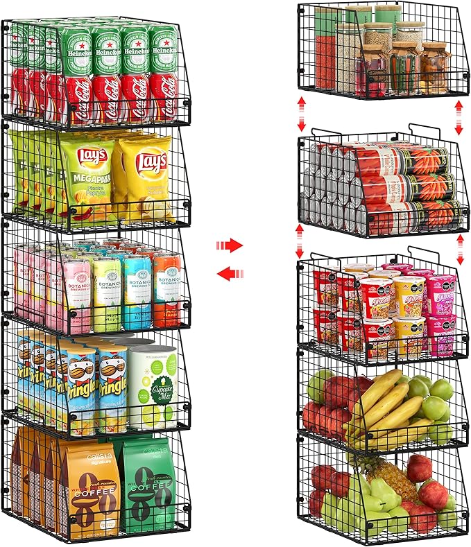 5 Pack XXL Stackable Wire Storage Basket, Extra Large Capacity Pantry Organizer and Storage, Muti-Purpose for Fruit Vegetable Basket & Toy Bin & Snack Organizer