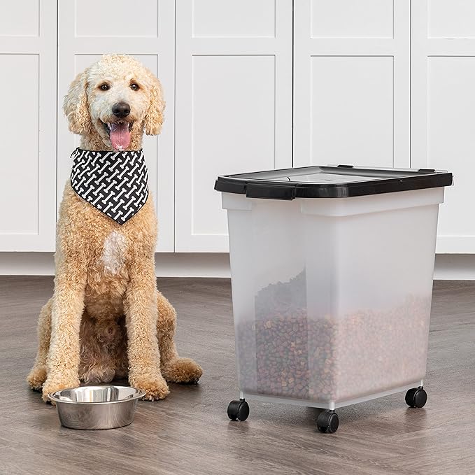 IRIS USA Airtight Dog Food Storage Container, WeatherPro, Up to 50 lbs, Removable Wheels, for Dog Cat Bird and Other Pet Food Storage Bin, Keep Fresh, Translucent Body, Made in USA, Clear/Black