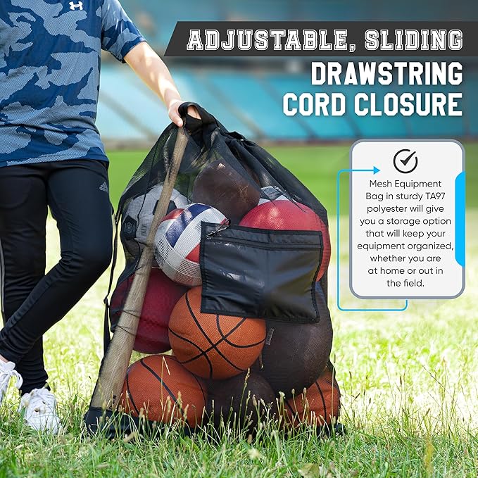 Handy Laundry Mesh Ball Bag - Up to 15 Balls Large Capacity Sports Equipment Bag Carrier with Adjustable Strap and Drawstring Closure - For Soccer, Basketball, Volleyball
