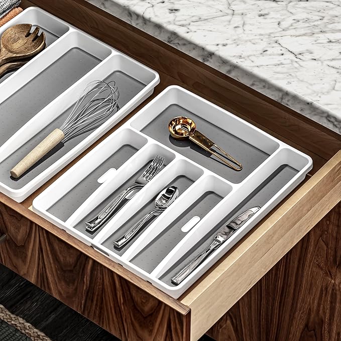 madesmart Premium Silverware Tray, 6 Compartment Flatware Organizer for Forks, Knives & Spoons,Non Slip, Soft Grip Lining, Durable Drawer Organizer, White