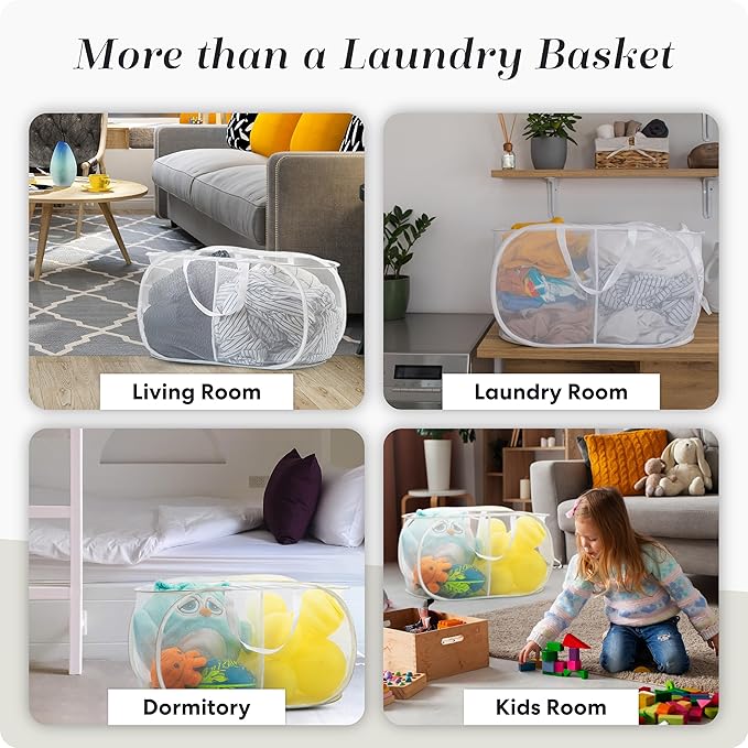 Foldable Laundry Basket - Popup and Collapsible, Durable Mesh Material, Folds for Storage, Easy Carry Handles - Great Hamper for College Dorm, Laundry Room or Travel (White, 2-Compartments)