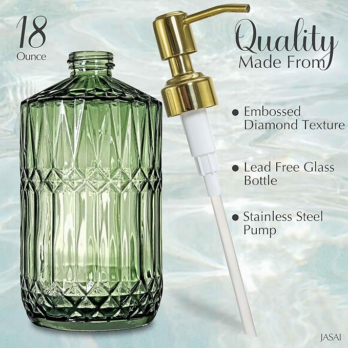 JASAI 2Pack 18Oz Green Glass Soap Dispenser with Gold Rust Proof Pump, Refillable Dish Soap Dispenser for Kitchen, Bathroom Soap Dispenser for Hand soap, Lotion, Body Wash, Dish Soap.