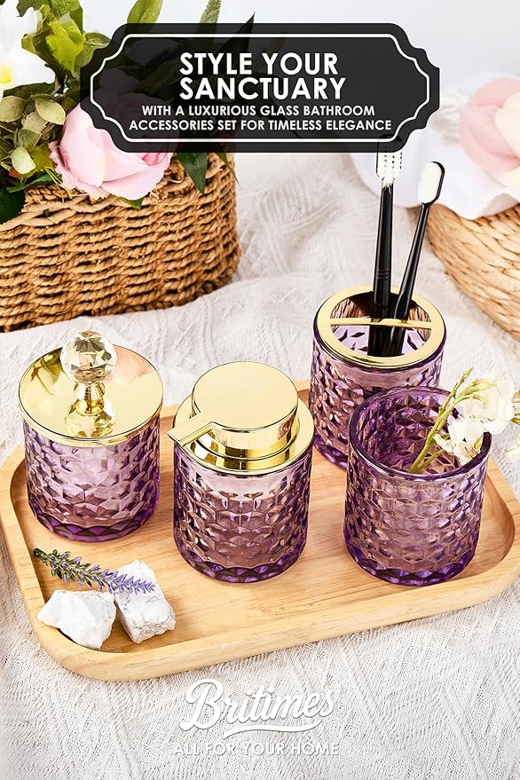 Purple Bathroom Accessories, 4Pcs Purple Bathroom Accessory Set Complete, Toothbrush Holder Set, Soap Dispenser, Qtip Holder, Tumbler, Perfect for Bathroom Decor and Vanity