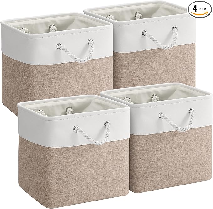 12 x 12 Inch Cube Storage Bins, 4 Pack Fabric Storage Basket with Handles, Foldable Boxes Organizer for Shelf Baskets for Home, Clothes (White/Khaki)