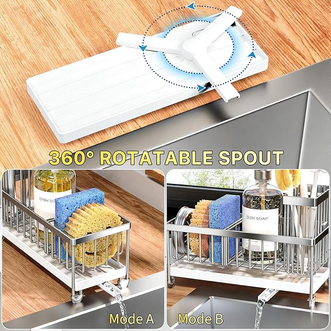 Cisily Sponge Holder for Kitchen Sink, Sink Caddy Organizer with High Brush Holder, Kitchen Countertop Organizers and Storage Essentials, Rustproof 304 Stainless Steel (Silver, 9.25″)
