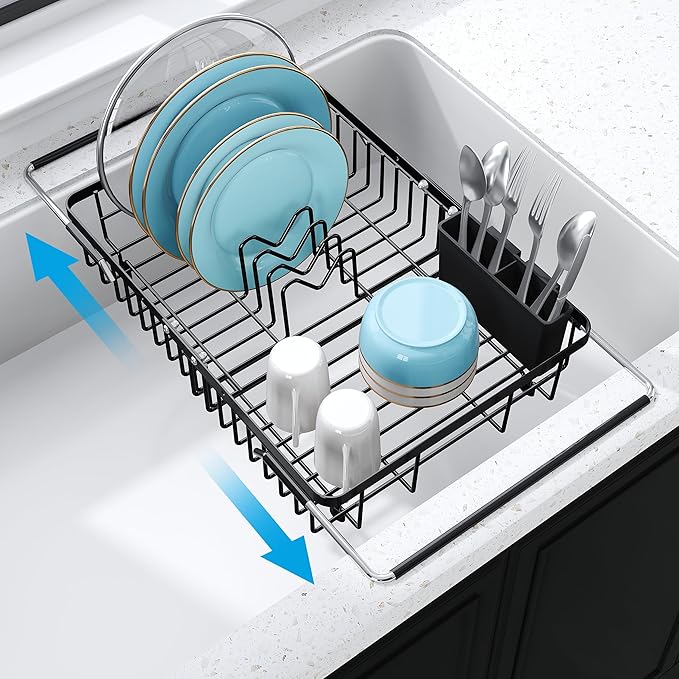JASIWAY in Sink Dish Drying Rack, Expandable Stainless Steel Dish Drainers for Kitchen Sink, Over Sink Dish Drying Rack with Utensil Holder, 13.4''~16.9''D x 11.8''W, Black