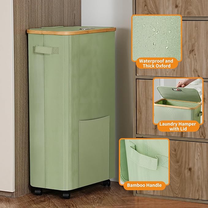 Laundry Basket with Wheels, Dirty Clothes Hamper on Wheels, Rolling Tall Laundry Hamper with lid for Laundry Room, Dorm and Bathroom, 75L Sage Green