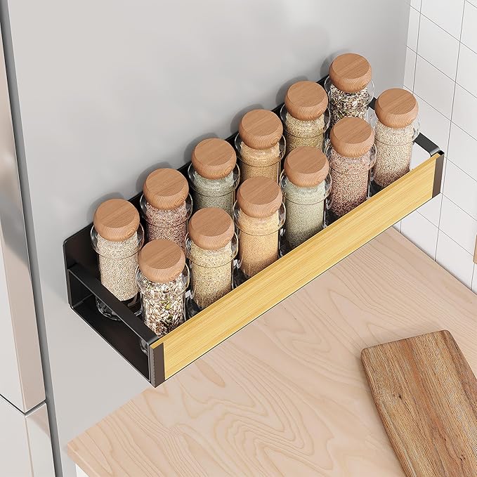 2/3/4 Pack Moveable Fridge Magnetic Spice Racks,Metal Black/White (Bamboo)