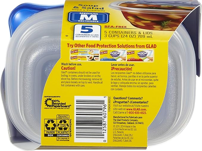 Glad GladWare Medium Rectangle Food Storage Containers with Lids, Airtight Leak-Resistant Plastic Containers for Soup Salad Meal Prep, Microwave Dishwasher Freezer Safe, 24 Oz, 5 Count - 6 Pack
