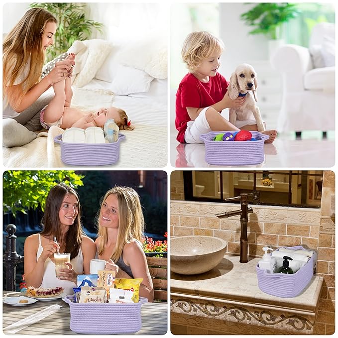 Woven Cotton Rope Storage Basket with Handles for Organizing Shelves Closet Small Cat Dog Pet Toy Baskets Box Bin Decorative Rectangle Baby Nursery basket Gift basket Empty(light purple)