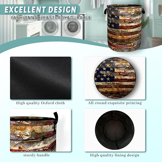 Vintage American Flag Laundry Basket Patriotic Funny Laundry Hamper Foldable Oxford Cloth Colorful Tote Bag Clothes Toy Storage Bucket 18.9" x 16.5"For Bathroom/Laundry Storage/Bedroom