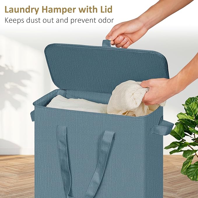 efluky Slim Laundry Basket with Lid, Narrow Laundry Hamper with Handles, Collapsible Dirty Clothes Hamper, Tall Laundry Bin for Laundry Room, Dorm and Bedroom, 55L Denim Blue