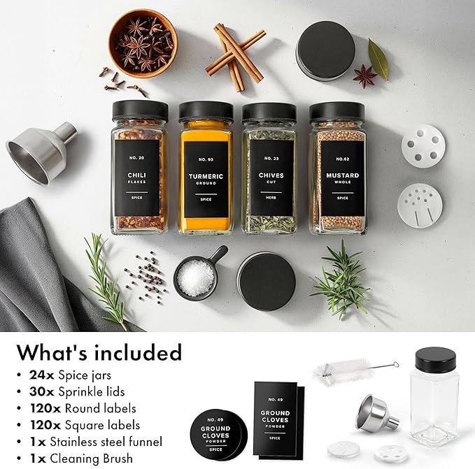 Glass Spice Jars with Label and Stainless Steel Covered/Plated Lids (24 x 4oz) Spice Containers with 240 Labels, Shaker Inserts, Steel Funnel, Empty Square Empty Square Seasoning Organizer