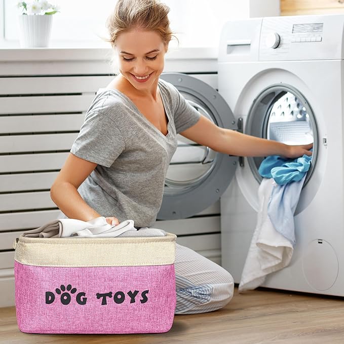 PET ARTIST Dog Toy Basket, Collapsible Dog Toy Bin Box with Comfortable Handles, Large Pet Toy Storage Organizer for Accessories, Toys, Coat & Clothing, Blanket & Leash, Pink, 15"x11"x9"